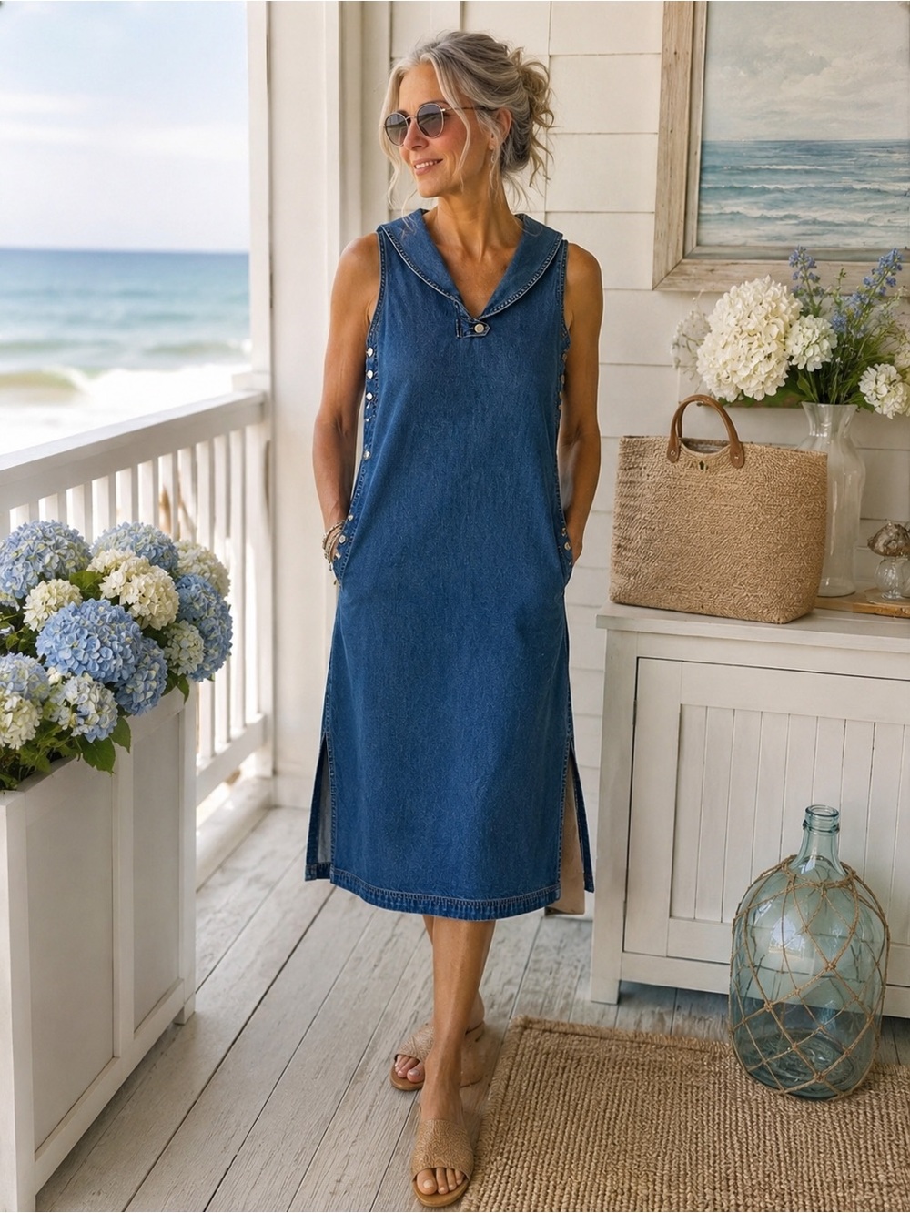Vintage Eric Charles Denim Sailor Midi Dress Snap Side Slit L Cottagecore Chic